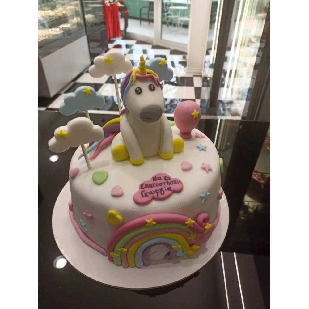 Τούρτα Ζαχαρόπαστας Unicorn για 45 καλεσμένους διώροφη 